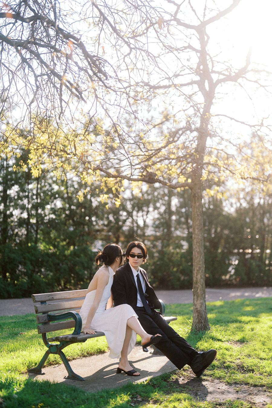 Couple sitting close on a park bench under a sunlit tree, wearing a white dress and black suit, with soft greenery in the background.
