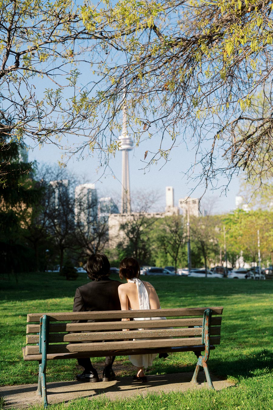Two people in formal attire sit on a bench in a green park, facing the Toronto skyline and CN Tower under tree branches.