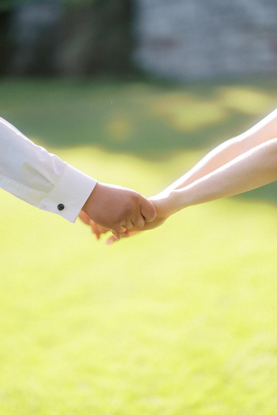 Two people holding hands with sunlight on grass in the background.