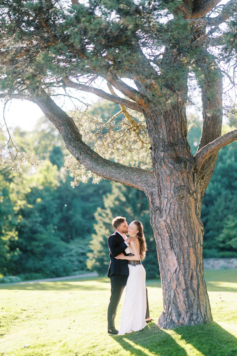 Engaged couple Anastasiia and Petr standing together under a large tree on a sunlit lawn.