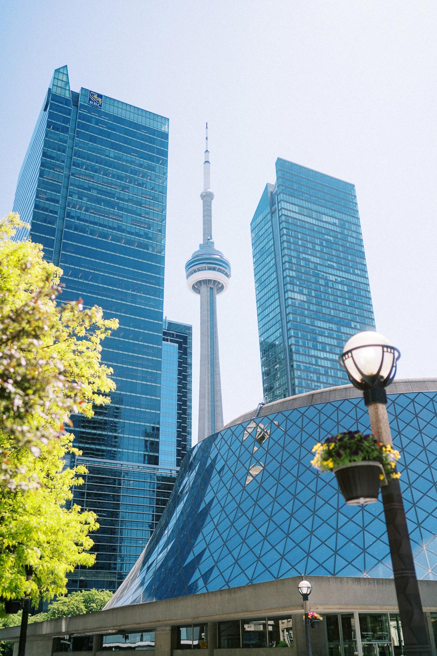 The CN Tower stands between two tall glass office buildings in downtown Toronto, with a modern glass structure, trees, and a streetlamp with flowers in the foreground.