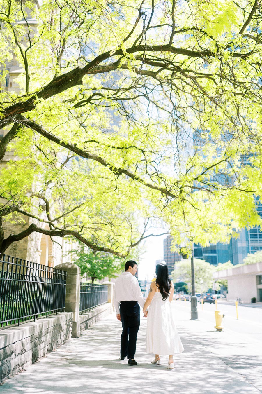 Cassie and Gabriel holding hands while walking under bright green tree branches on a sunny downtown Toronto sidewalk.