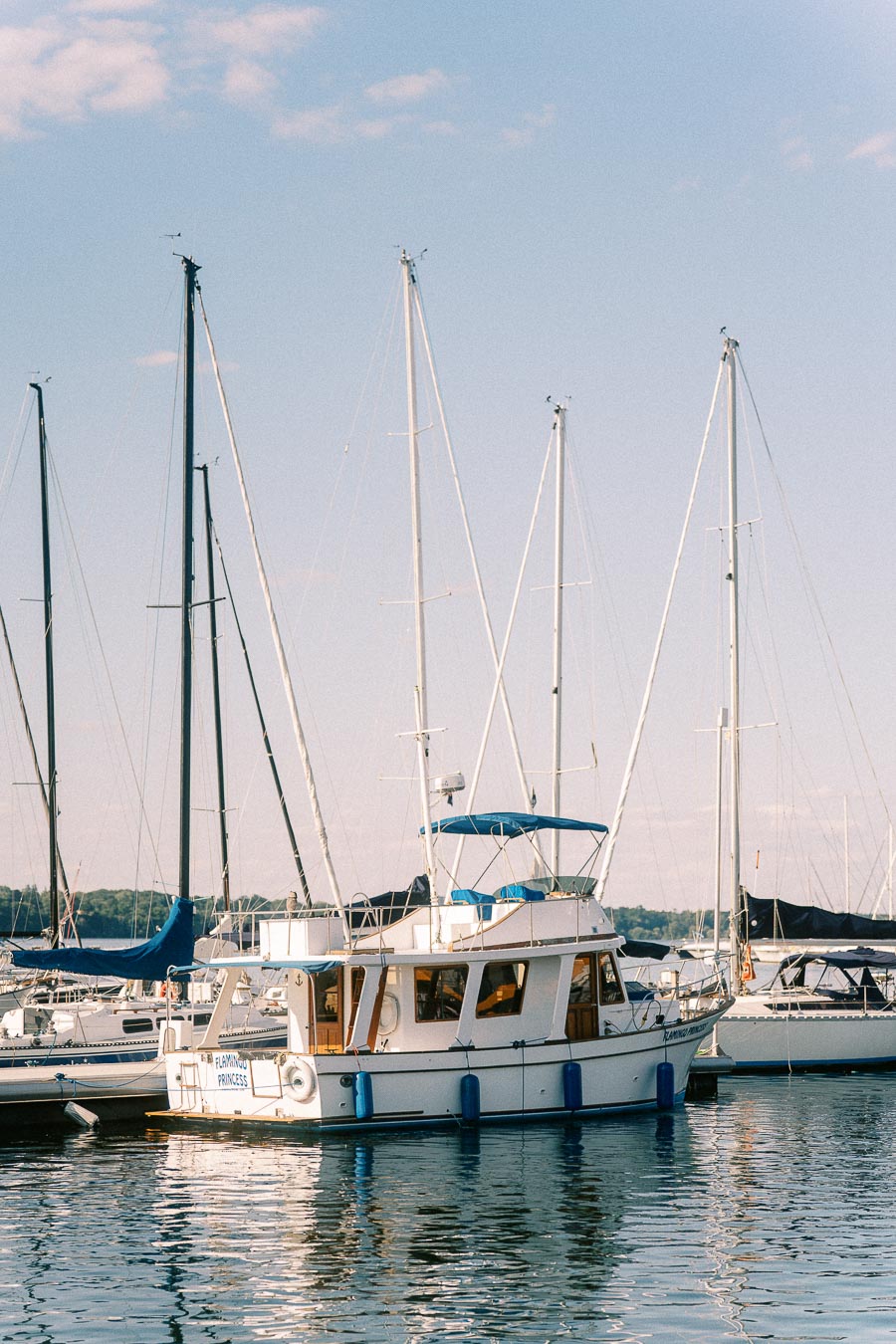 Motor yacht and sailboats docked at Royal Hamilton Yacht Club marina on Lake Ontario.