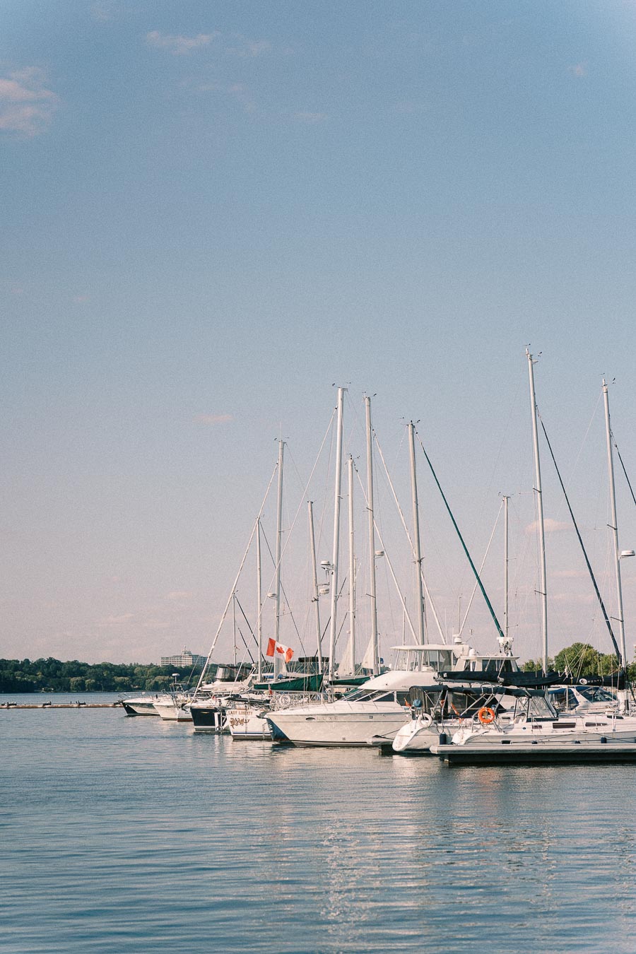 Sailboats and yachts docked at Royal Hamilton Yacht Club marina on calm Lake Ontario water.