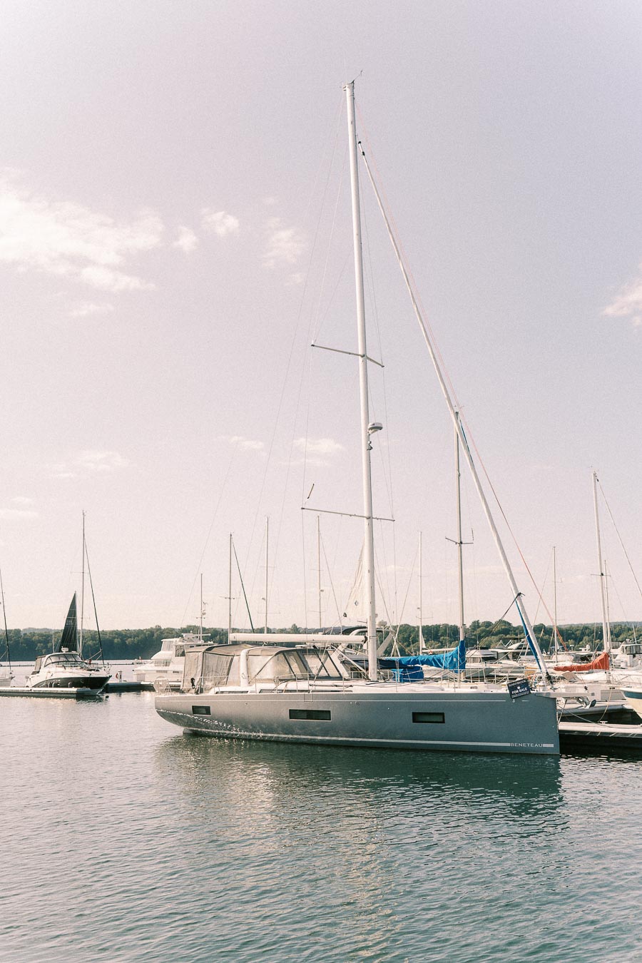 Large sailboat docked in a marina at Royal Hamilton Yacht Club on Lake Ontario.