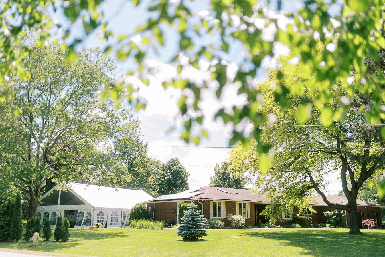 Alt text: Sunny backyard with a spacious tent and a brick house surrounded by lush green trees and grass.