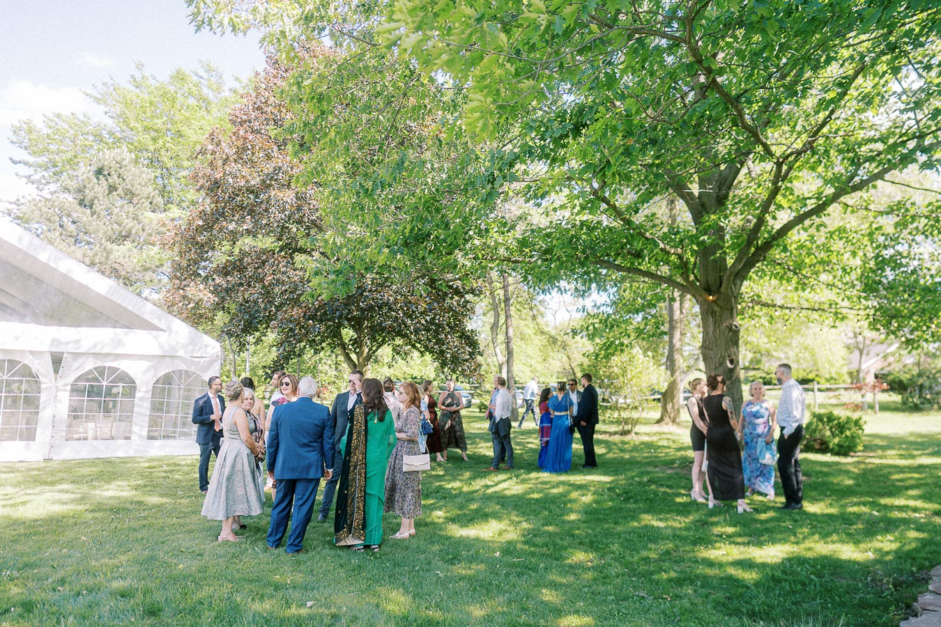 Outdoor garden wedding reception with guests mingling under large green trees near a white event tent.