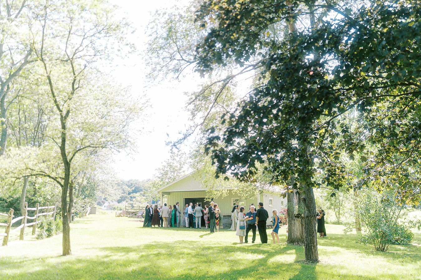 A group of people socializing outdoors at a rural event under the shade of leafy trees, with a wooden fence and a barn in the background on a sunny day.