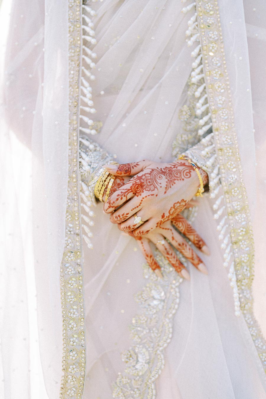 Elegant close-up of hands with intricate henna designs and gold jewelry, adorned in an embellished white sari, showcasing traditional bridal attire.