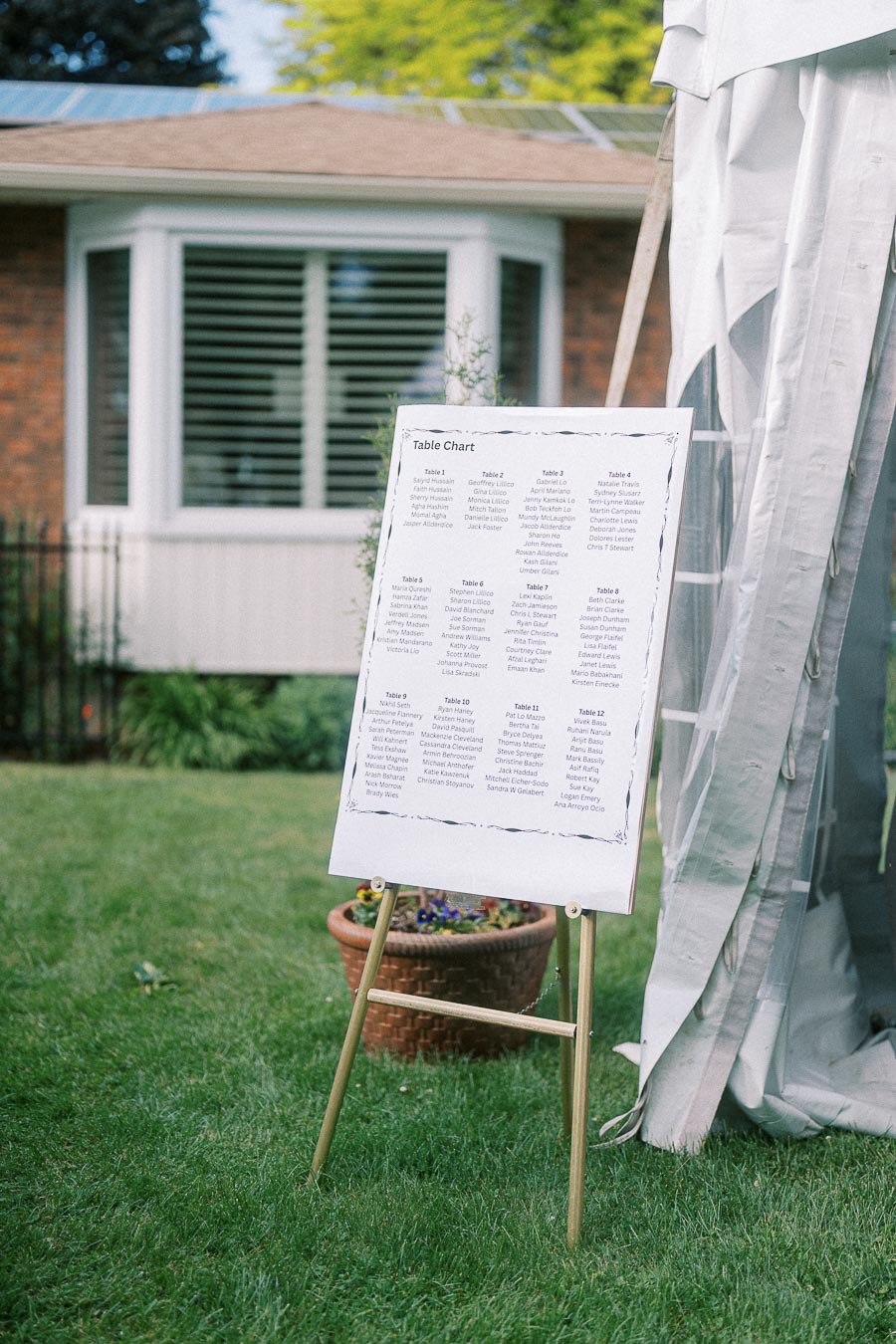 Wedding seating chart displayed on an easel outdoors near a white tent, set against a grass lawn with a house in the background.
