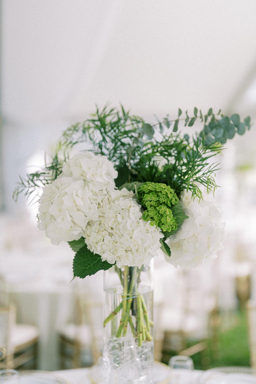 Elegant wedding centerpiece with white and green hydrangeas in a clear glass vase, set on a beautifully decorated table.