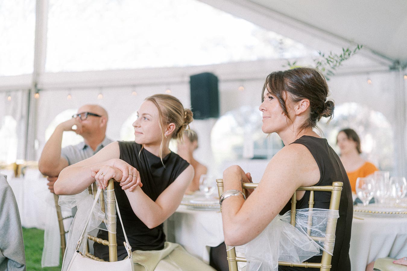 Guests seated at a wedding reception, attentively listening under a white tent. Chairs are elegantly decorated with sheer fabric, contributing to the festive ambiance.
