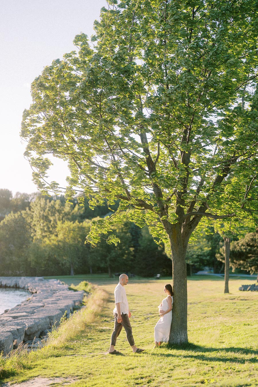 Expectant couple stands beneath a leafy tree near the water at Scarborough Bluffs.