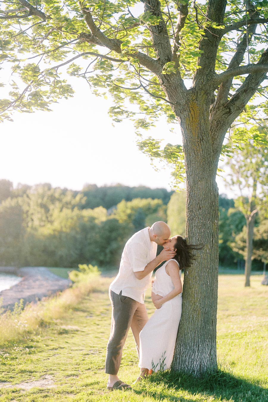 Expectant couple kissing beside a large tree in warm evening light by Lake Ontario.