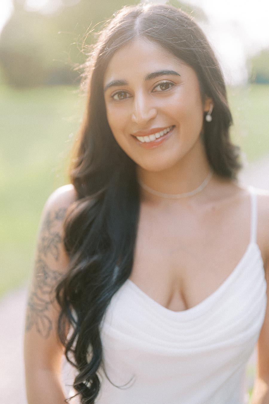 Smiling bridal portrait during Dundurn Castle engagement photoshoot in Hamilton