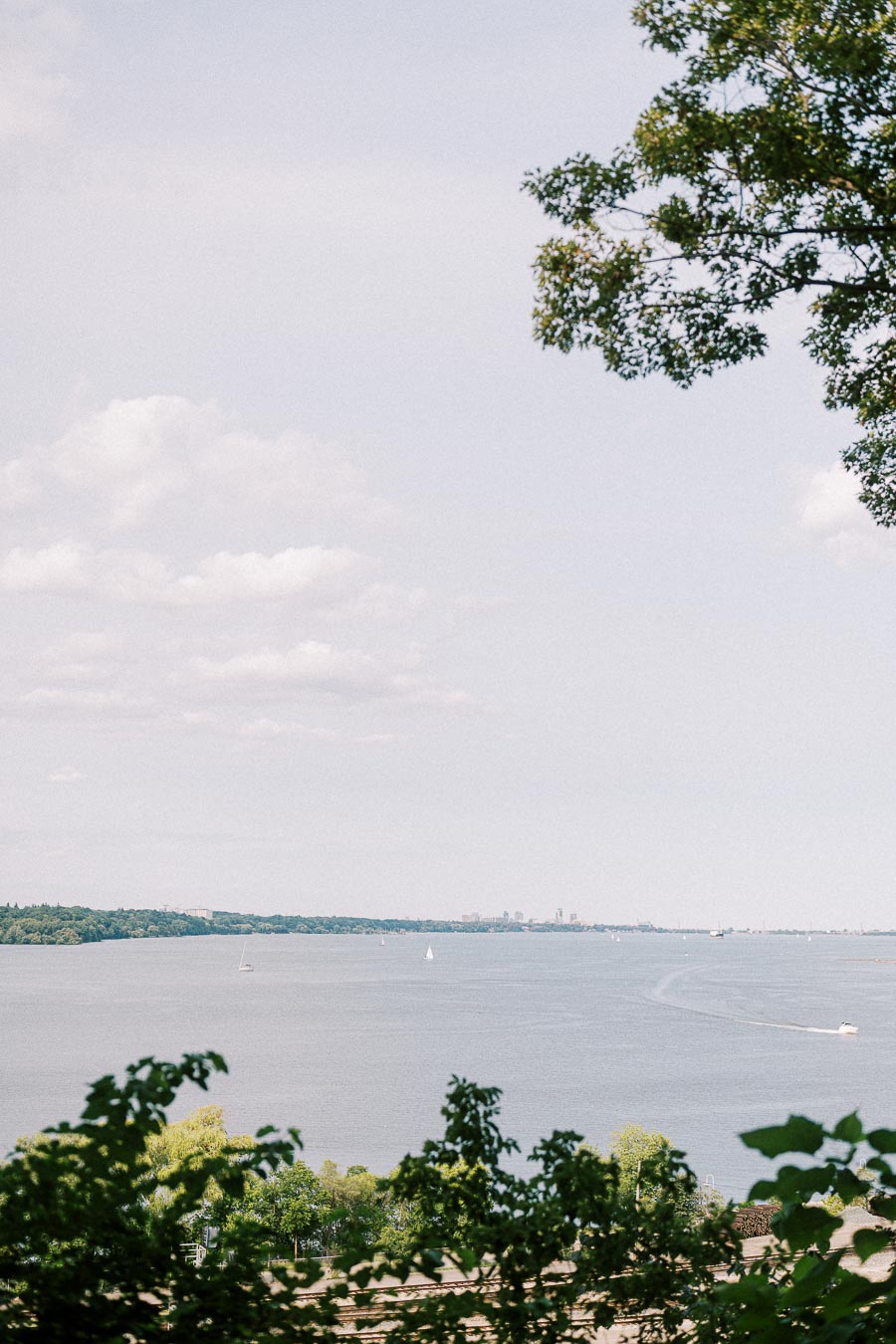 Hamilton Harbour water view framed by trees near Dundurn Castle