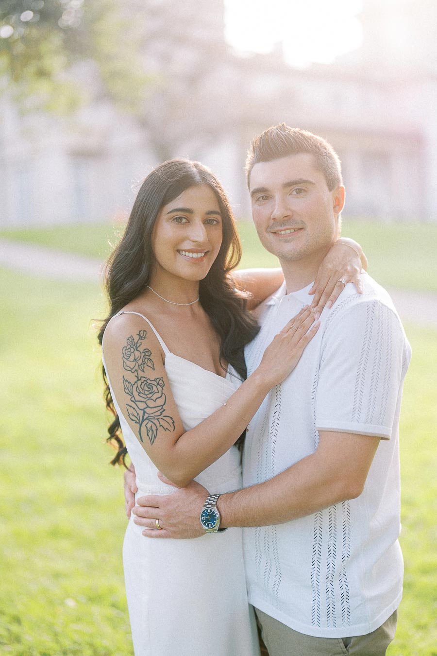 Sumbul and Brian posing together during their Dundurn Castle engagement session