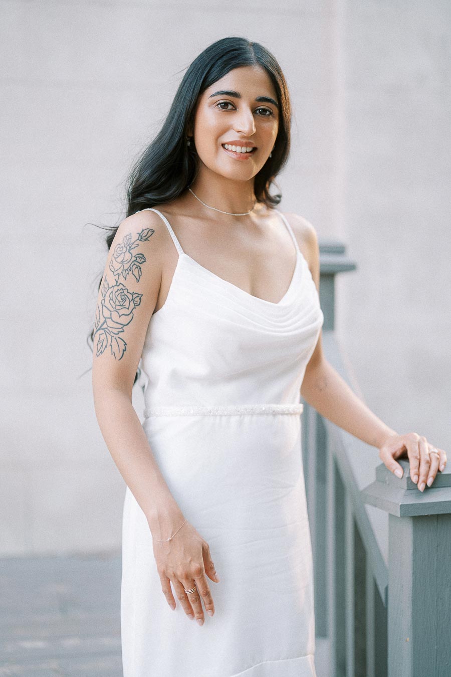 Sumbul in a white dress during Dundurn Castle engagement photoshoot