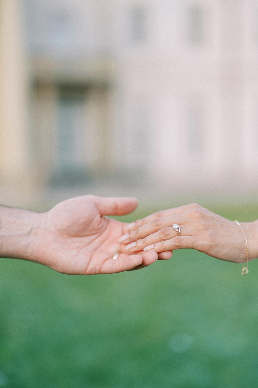 Close-up of hands with engagement ring at Dundurn Castle in Hamilton
