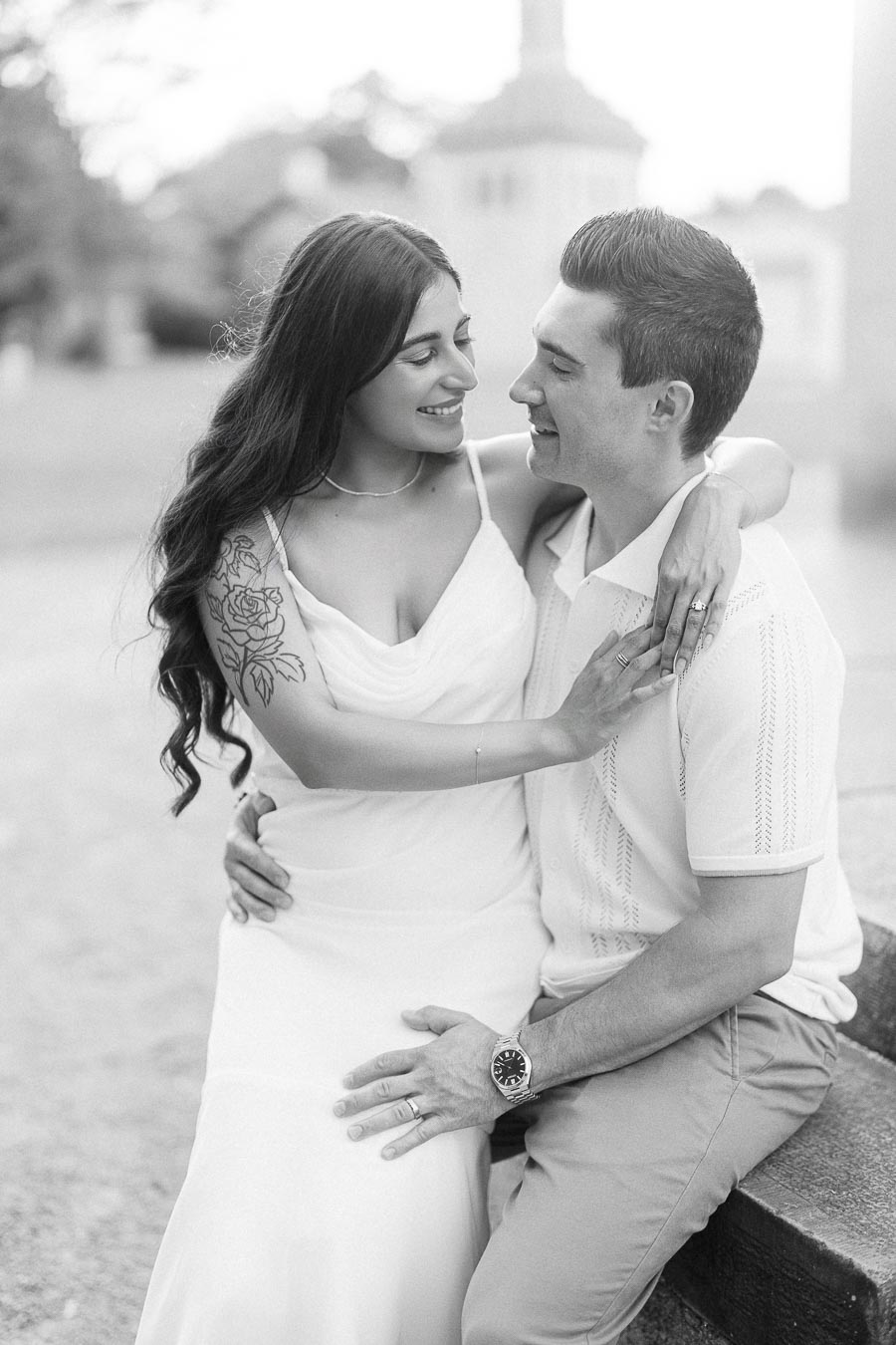 Sumbul and Brian embracing during Dundurn Castle engagement photoshoot