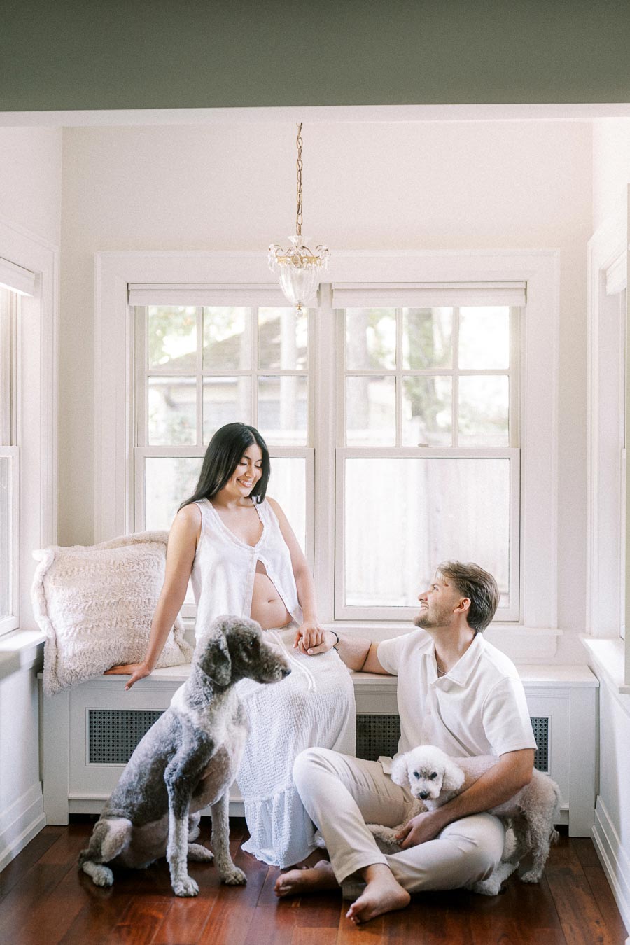 Expectant couple sitting by bright windows with two dogs in an indoor portrait.