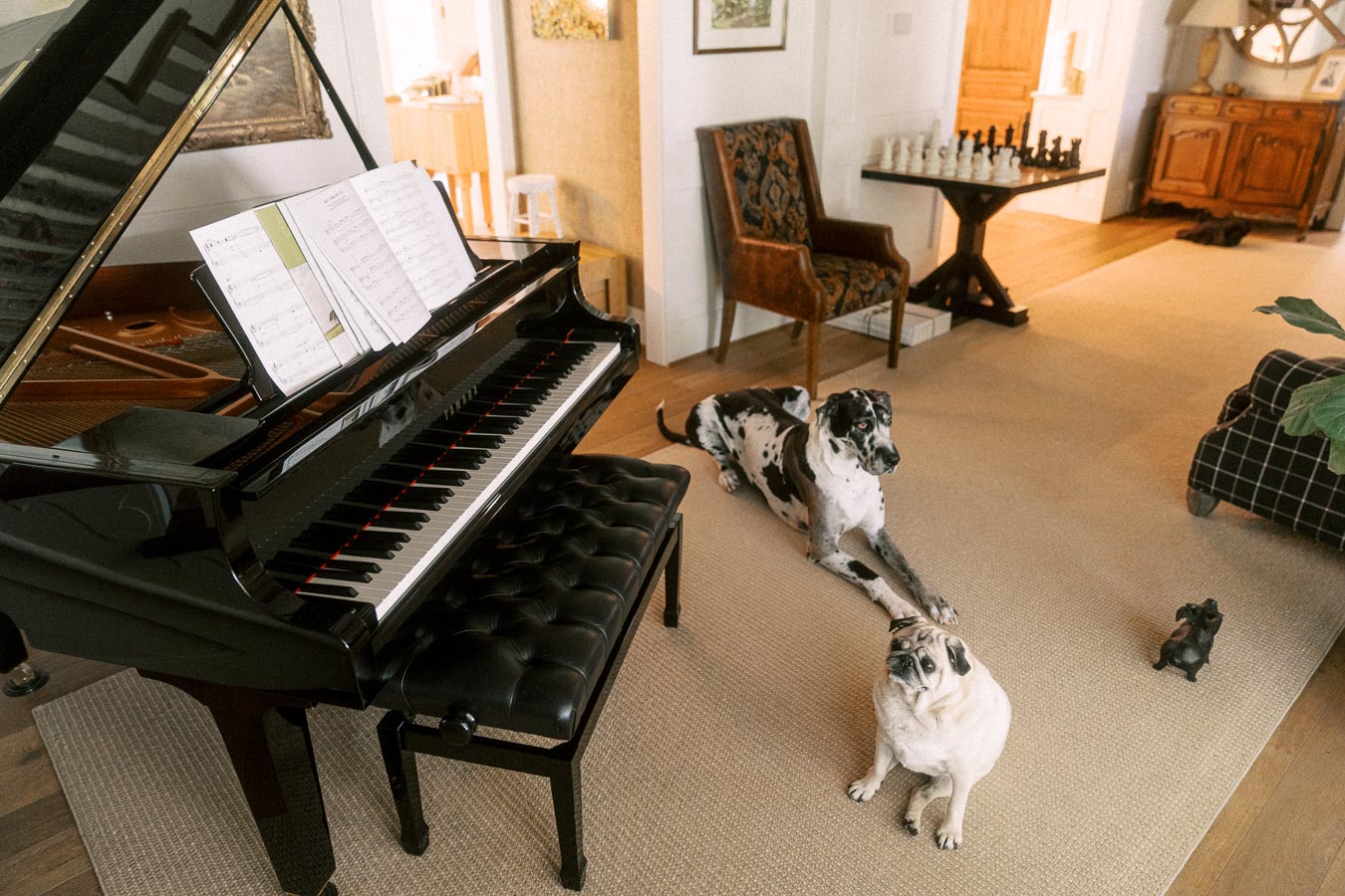 Grand piano with sheet music in a farmhouse living room, with a Great Dane and pug resting on the carpet near a chess table.