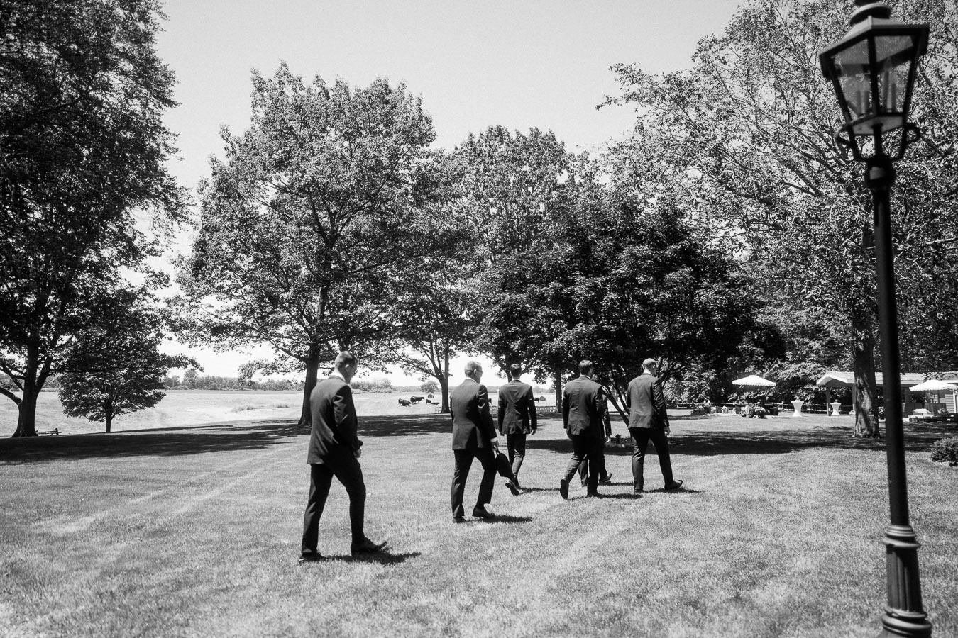 Black and white photo of groomsmen in suits walking across a private estate lawn near Chatham-Kent, Ontario, with trees, river, tents, and lamp post.