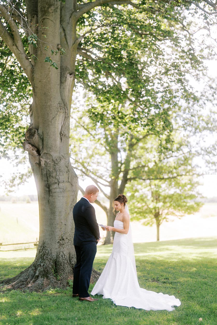 Bride and groom reading private vows beneath a large tree at an outdoor estate wedding near Chatham-Kent, Ontario, Canada.