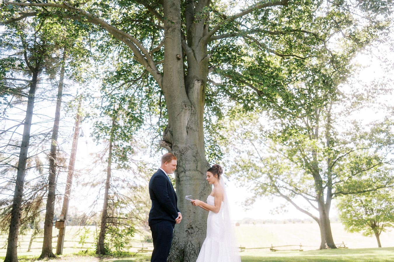 Bride and groom reading vows under a large tree during an outdoor private estate wedding near Chatham-Kent, Ontario, Canada.