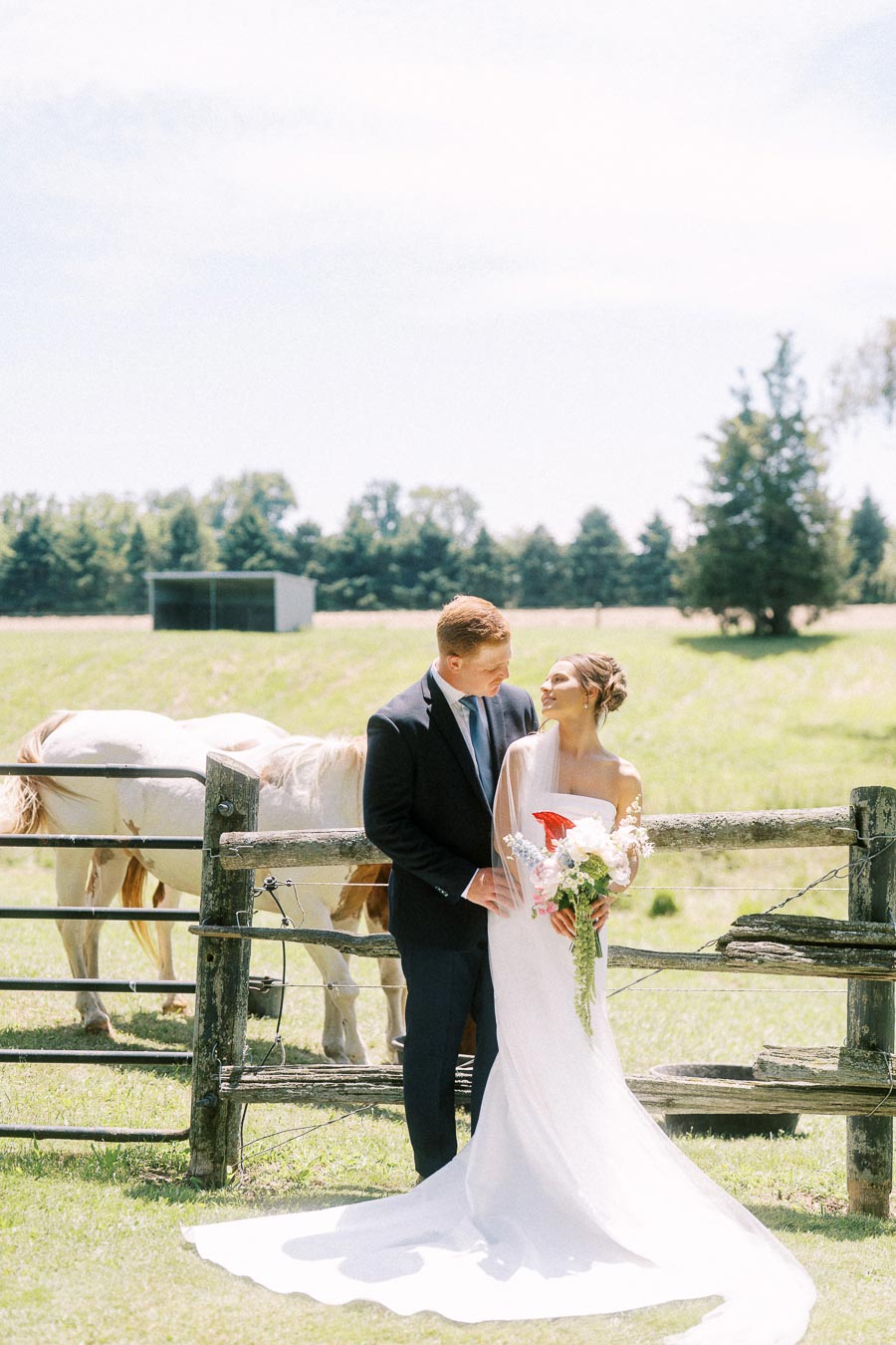 Bride and groom pose by a rustic fence with a white horse on a private farm estate near Chatham-Kent, Ontario, Canada.