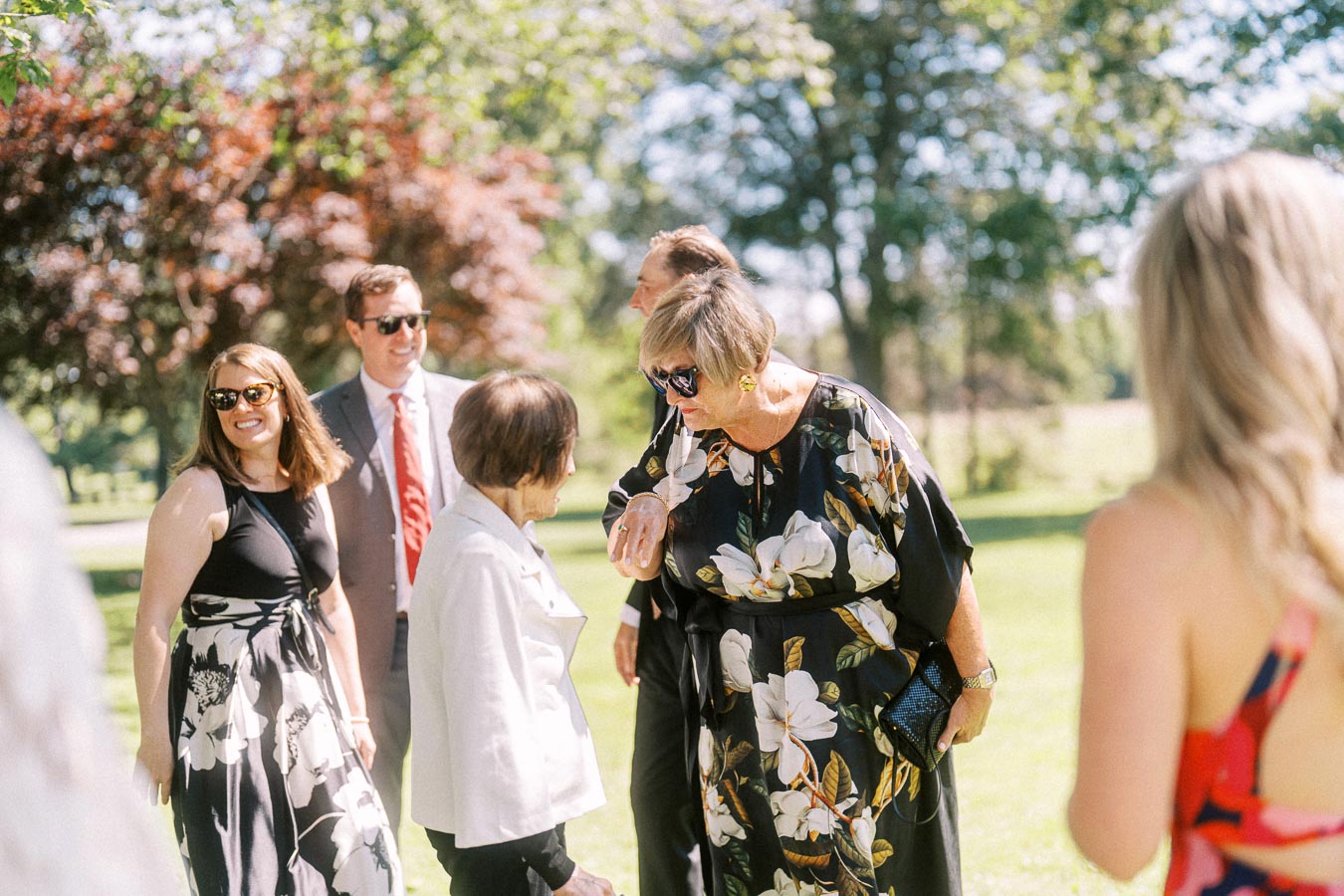 Wedding guests mingling outdoors during cocktail hour on a sunny private estate lawn near Chatham-Kent, Ontario, Canada.