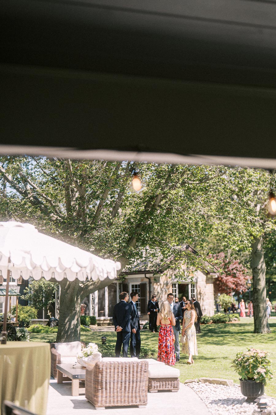 Wedding guests socializing during cocktail hour on a private estate lawn near Chatham-Kent, Ontario, with tented seating and garden trees.
