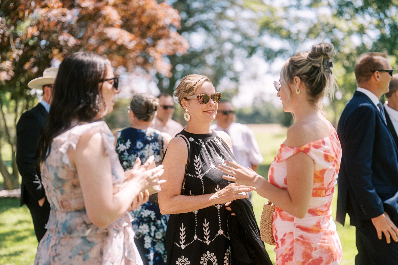 Wedding guests mingling outdoors during cocktail hour at a private estate wedding near Chatham-Kent, Ontario, Canada.