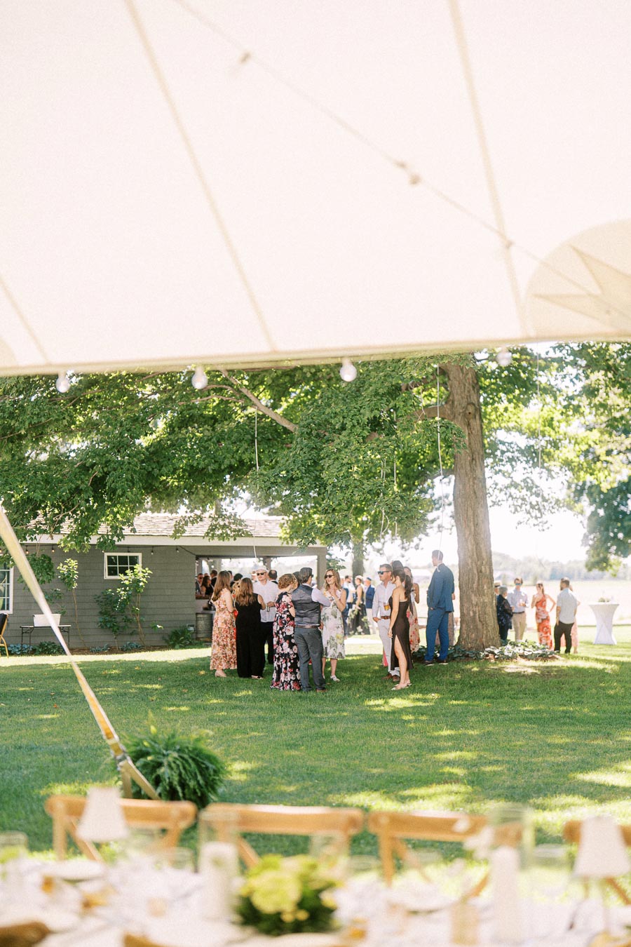 Wedding guests gather for cocktail hour on a lawn beside a tent at a private estate near Chatham-Kent, Ontario, Canada.