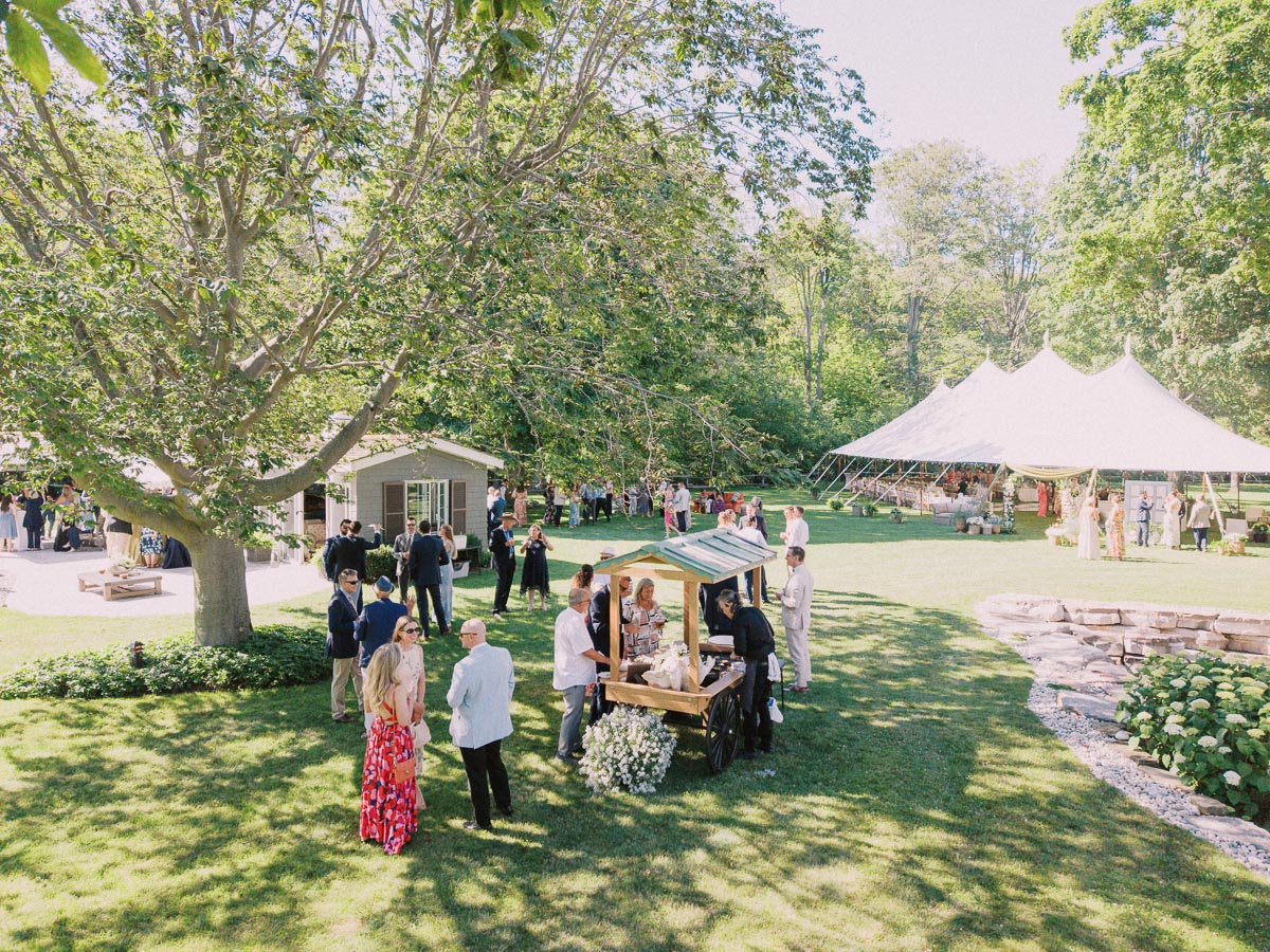 Outdoor private estate wedding reception on a farm lawn near Chatham-Kent, Ontario, with guests, white tent, trees, and flower cart.