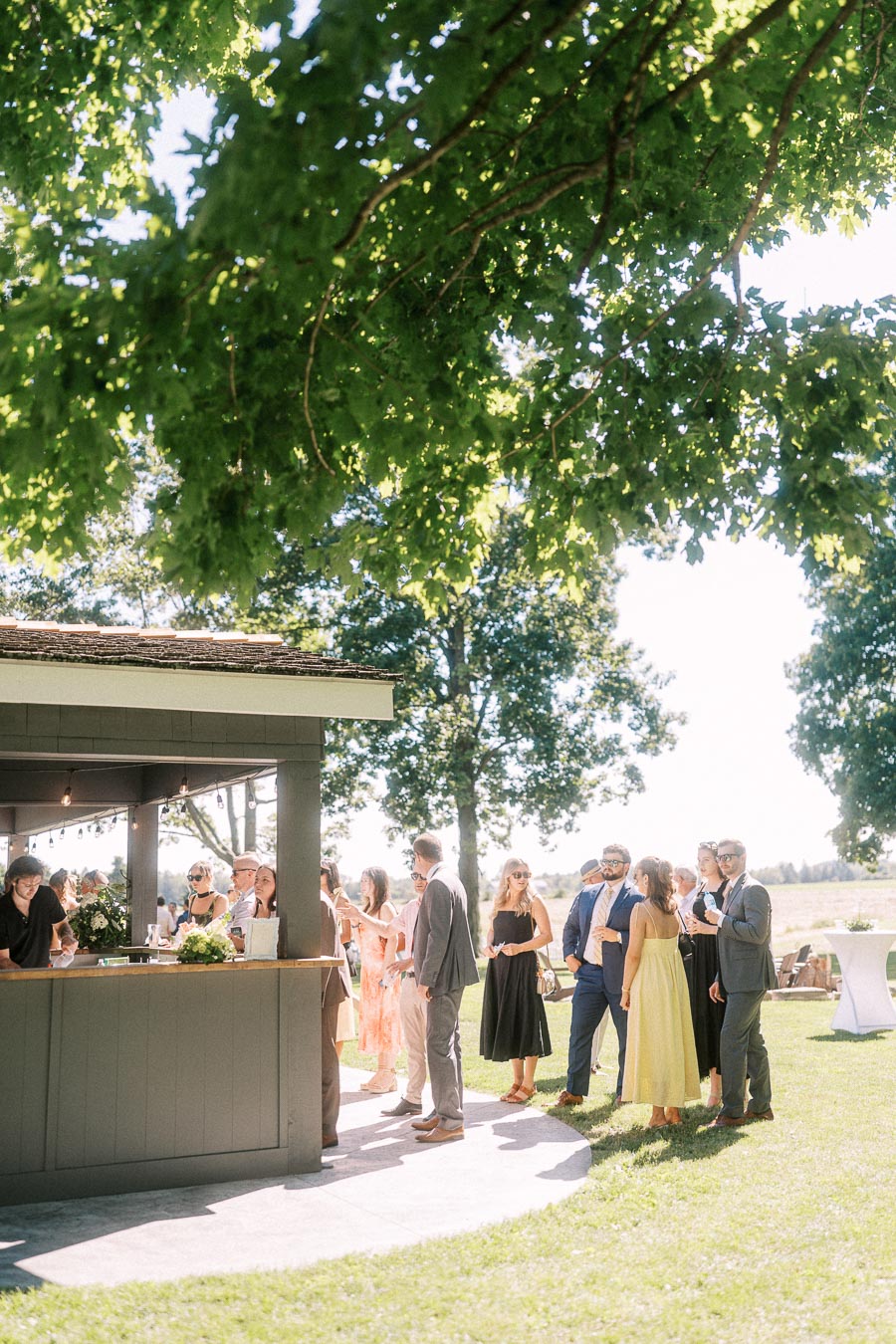 Wedding guests gather at an outdoor bar on a private farm estate near Chatham-Kent, Ontario, with trees, lawn, and sunny summer light.