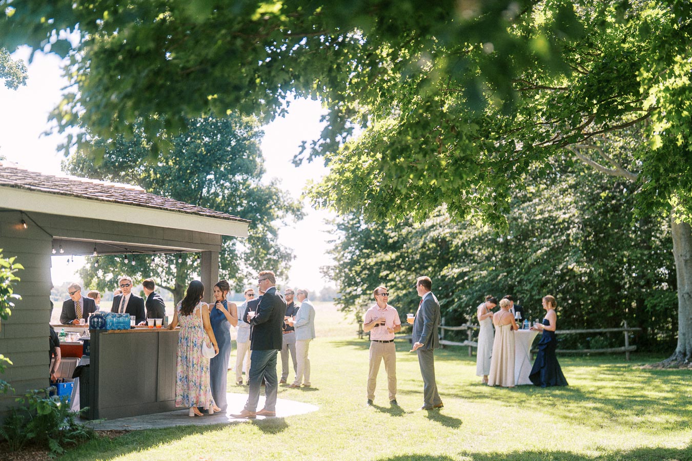Outdoor wedding cocktail hour at a private estate farm near Chatham-Kent, Ontario, with guests socializing on a sunny lawn beside a bar and trees.