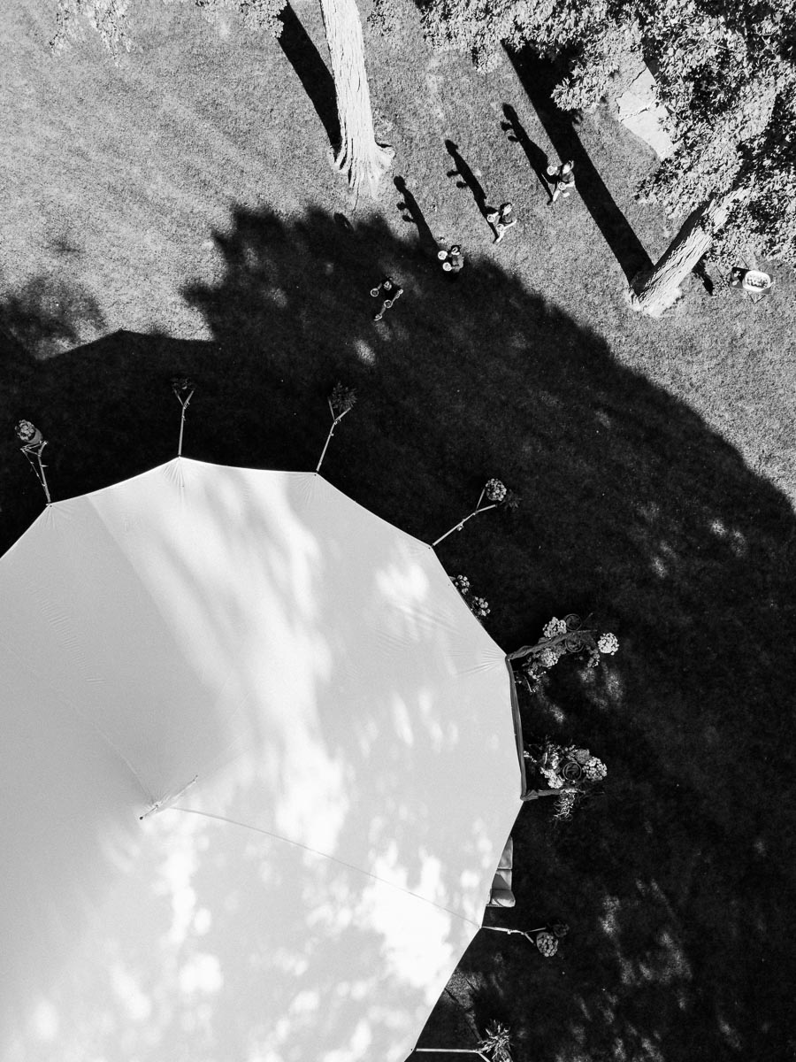 Black and white aerial view of a white wedding tent on a private estate lawn near Chatham-Kent, Ontario, with trees, shadows, and guests outdoors.
