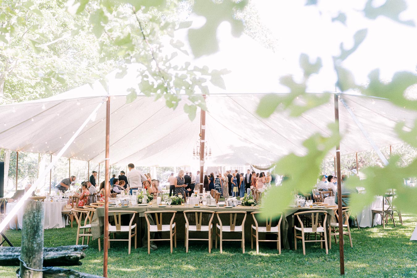 Outdoor tented wedding reception on a private farm estate near Chatham-Kent, Ontario, with guests, long dining tables, chairs, greenery, and soft summer light.