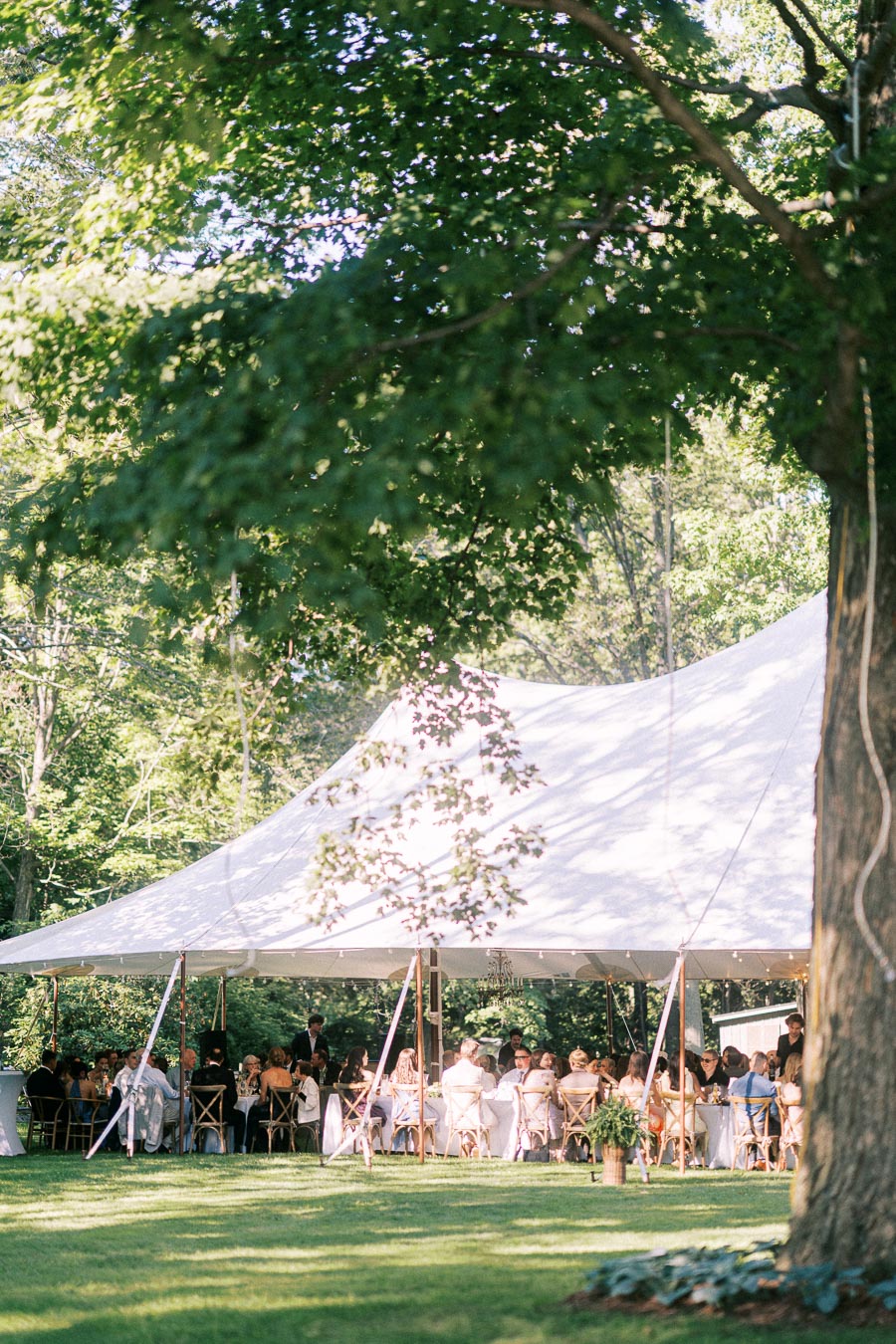 Outdoor wedding dinner under a white tent on a private estate lawn near Chatham-Kent, Ontario, Canada, surrounded by trees and summer greenery.