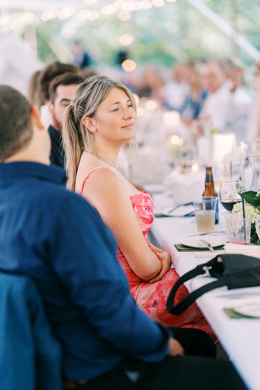 Wedding guests seated at a long dinner table under a tent at a private farm estate reception near Chatham-Kent, Ontario, Canada.
