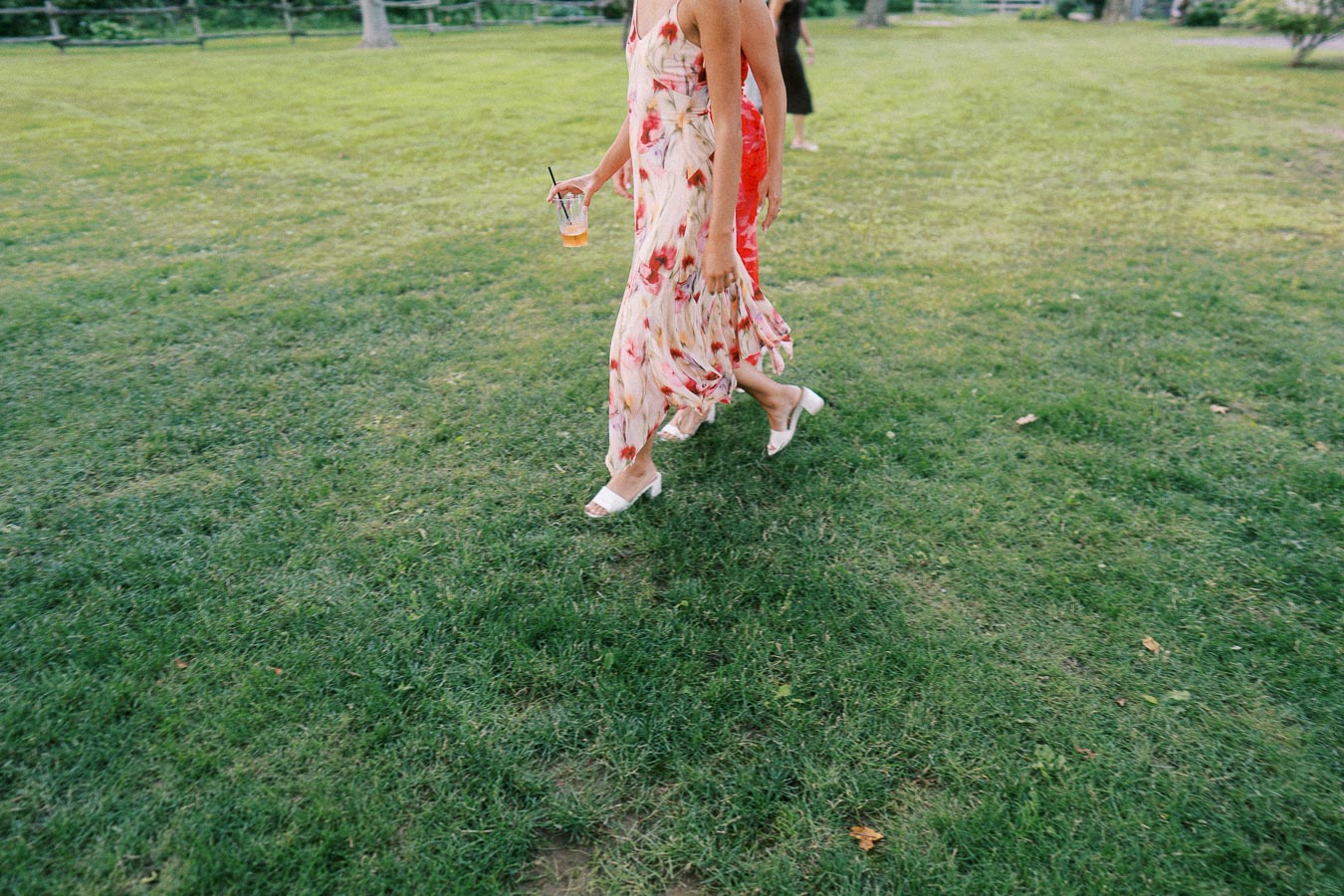 Wedding guests walking across a green lawn during an outdoor private estate wedding near Chatham-Kent, Ontario.