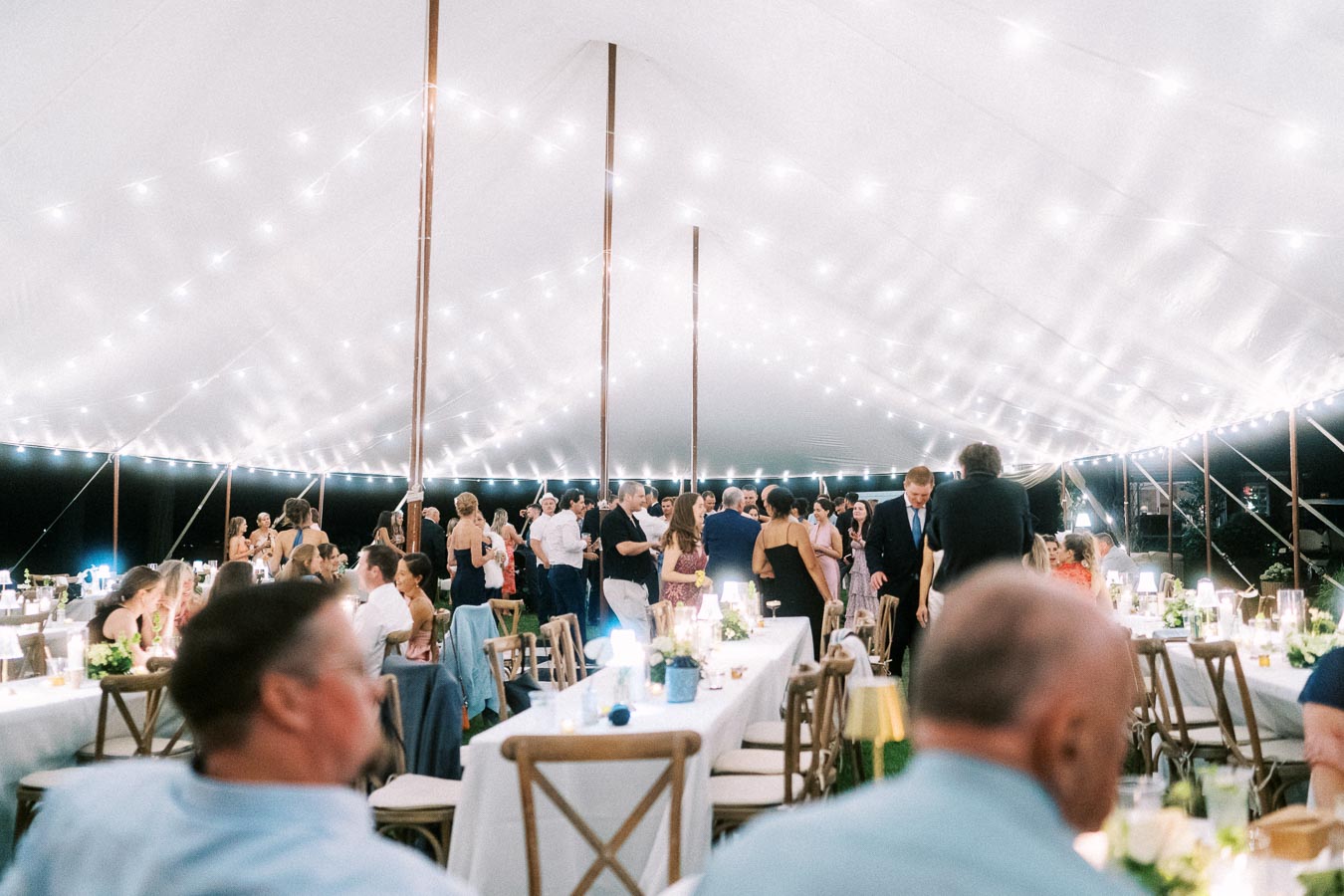 Guests dining and mingling under a white wedding tent with string lights at a private estate farm wedding near Chatham-Kent, Ontario, Canada.