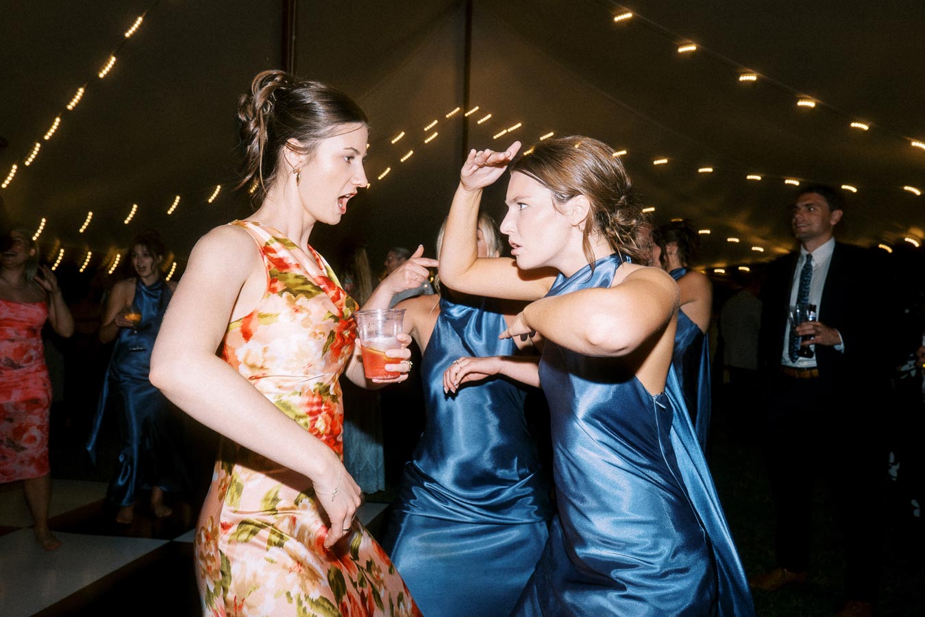 Wedding guests dancing under string lights inside a tent at a private estate farm wedding near Chatham-Kent, Ontario, Canada.