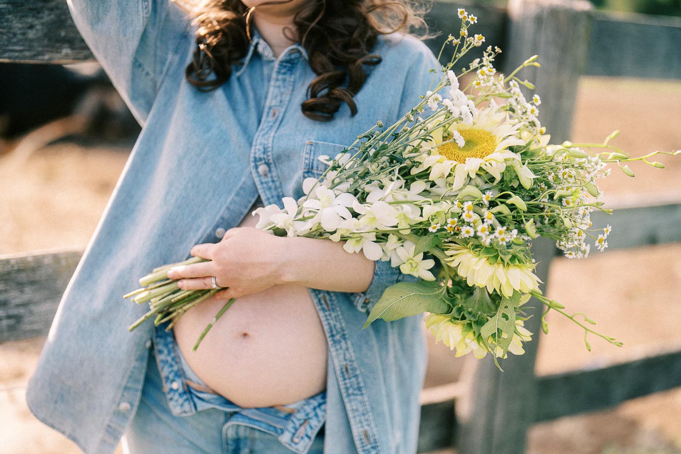 Pregnant person holding wildflower bouquet by a wooden farm fence in Ontario