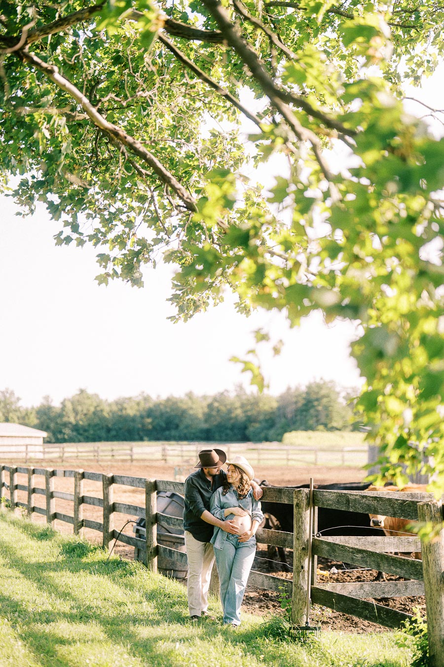 Expectant couple beside fenced horses at The Green Acres in Flamborough, Ontario