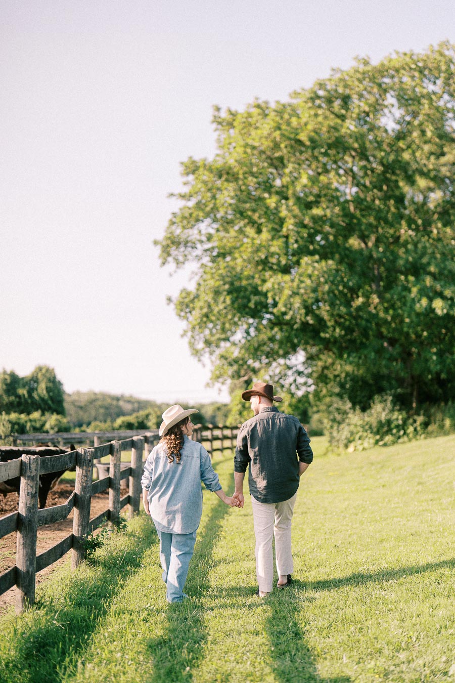 Couple in hats walking hand in hand beside a fenced horse pasture