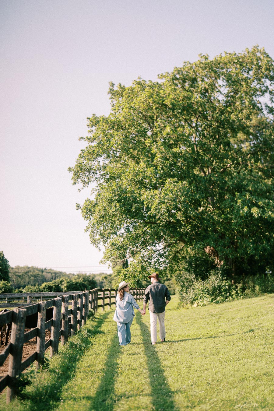 Expectant couple holding hands beside a fenced pasture at The Green Acres