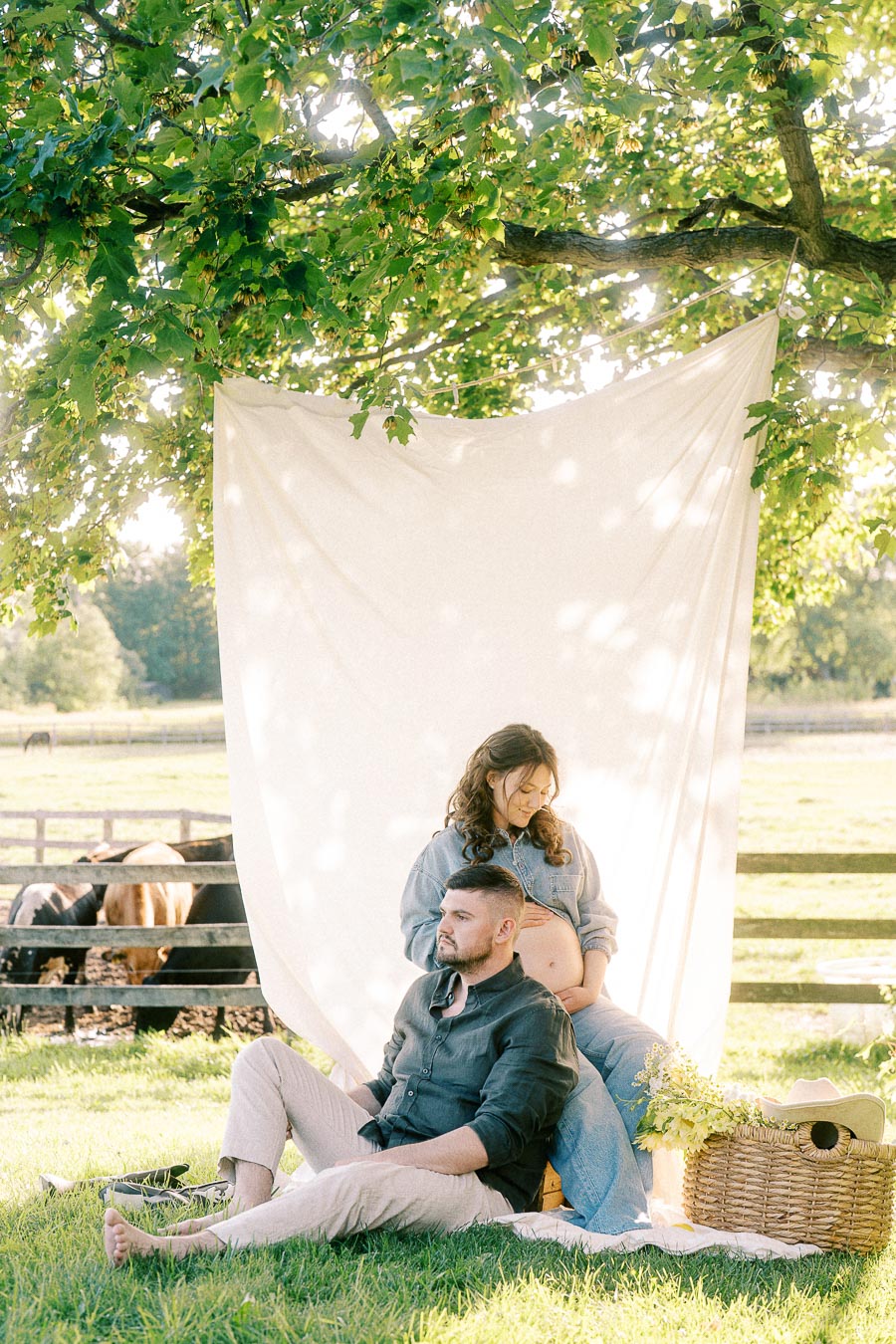 Expectant couple seated under a tree with horses nearby at The Green Acres
