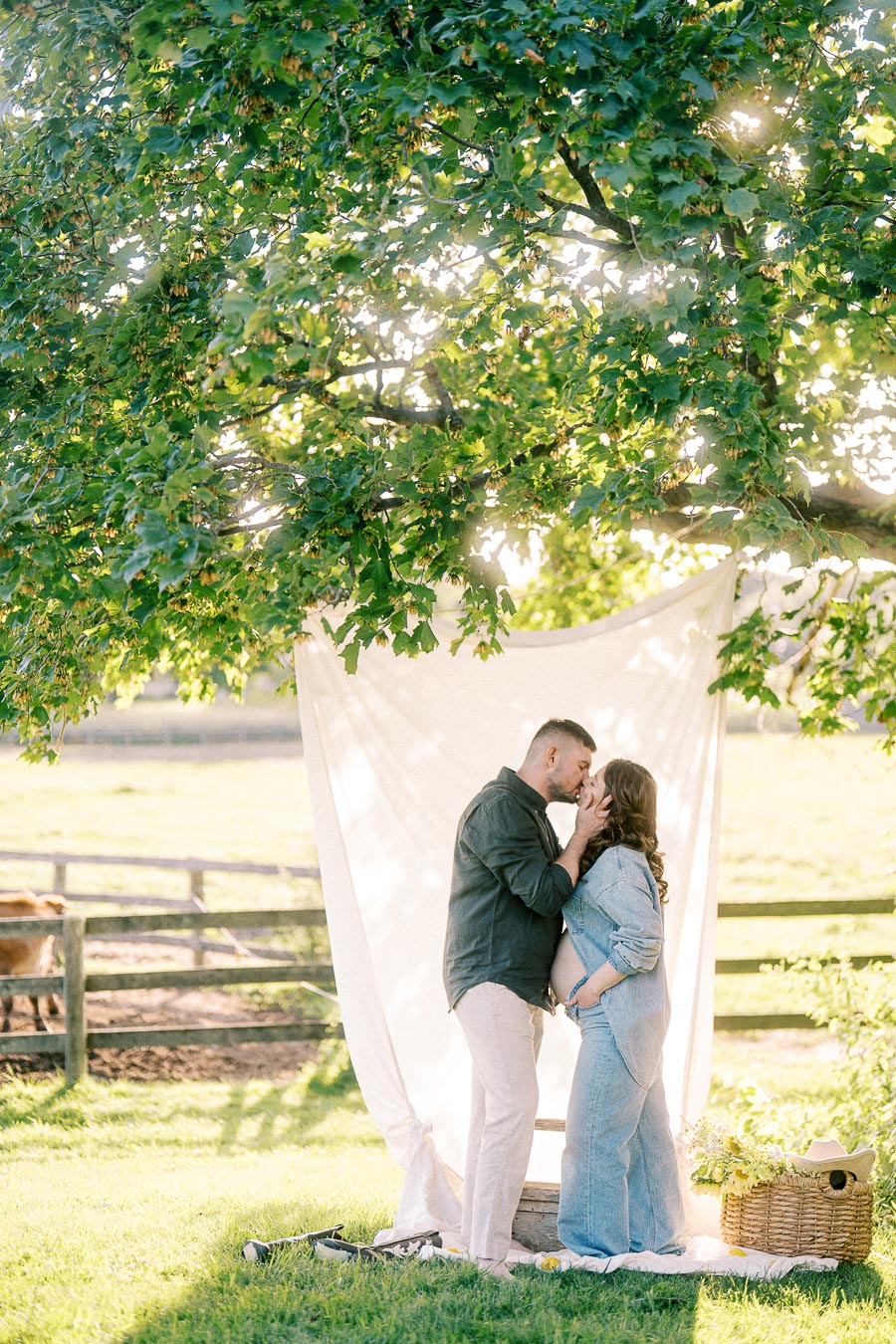 Expectant couple kissing under a tree at The Green Acres in Flamborough, Ontario